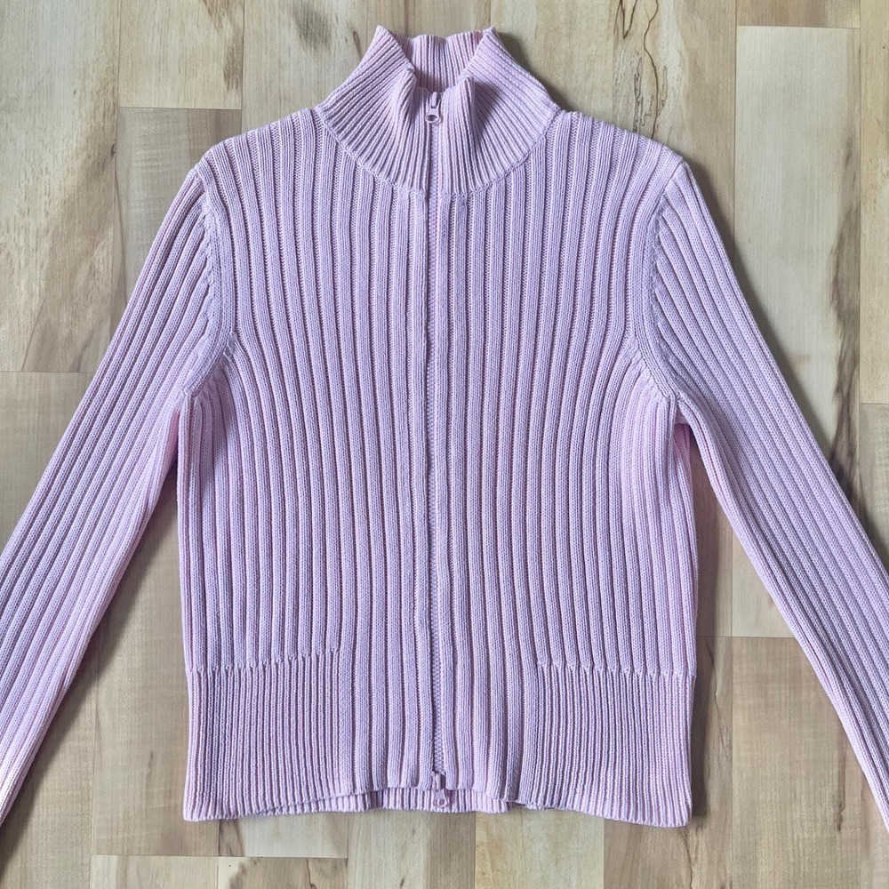 Vintage Express Sweater Women's Large Pink Ribbed Knit Fitted Full‎ Zip Preppy